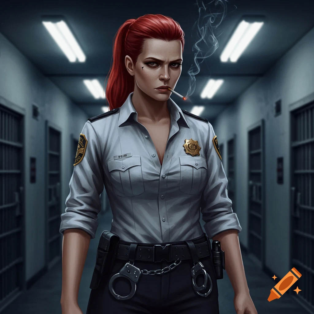 An illustrative image of a stern, red-haired female prison officer in uniform with handcuffs, smoking a cigarette in a prison hallway.