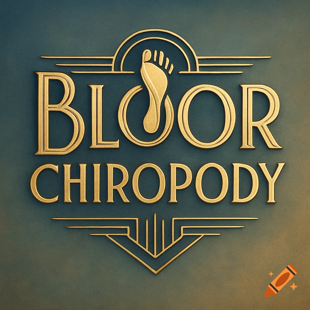 Gold Art Deco logo with stylized foot icon, text reads 'Bloor Chiropody' on a dark teal background.