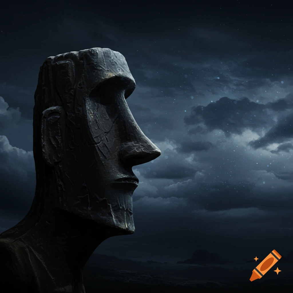 Dark stone Moai statue in profile against a stormy, starry night sky.