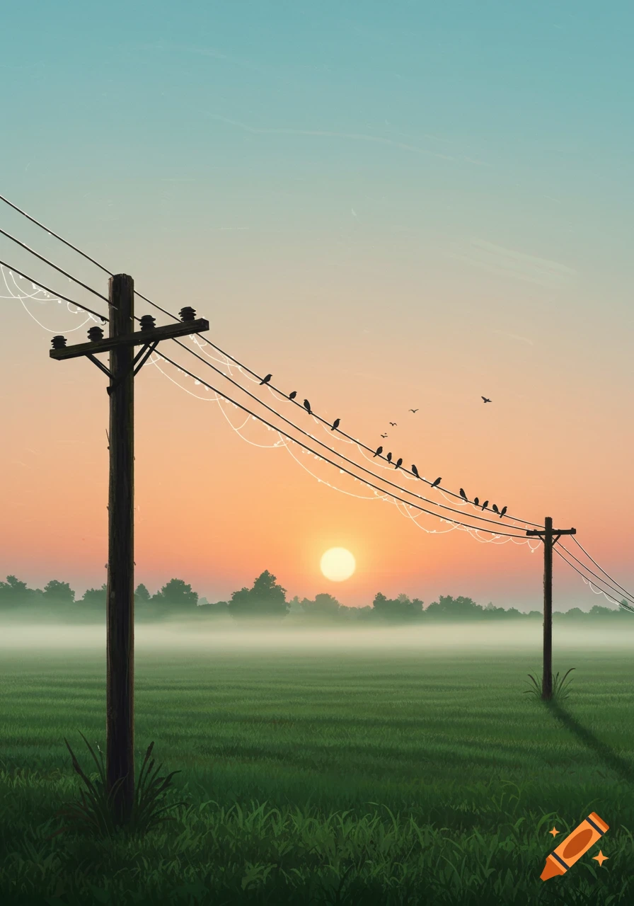 Birds perch on power lines spanning a misty green field with utility poles, silhouetted trees, and a vibrant orange sunrise.