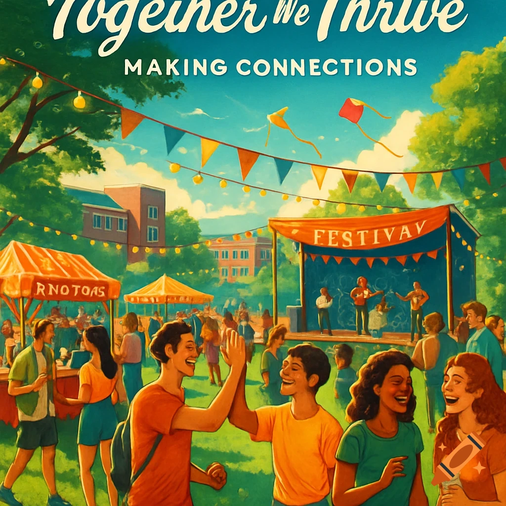 A vibrant summer festival scene with people gathering, two friends high-fiving, and a band playing on stage. Kites fly above.