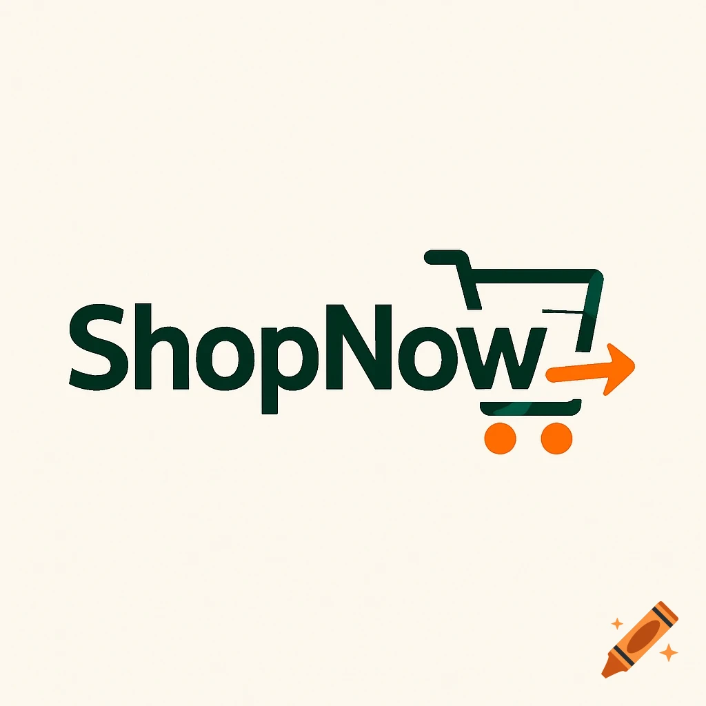 A logo for ShopNow featuring dark green text and a stylized dark green shopping cart with orange wheels and an arrow on an off-white background.