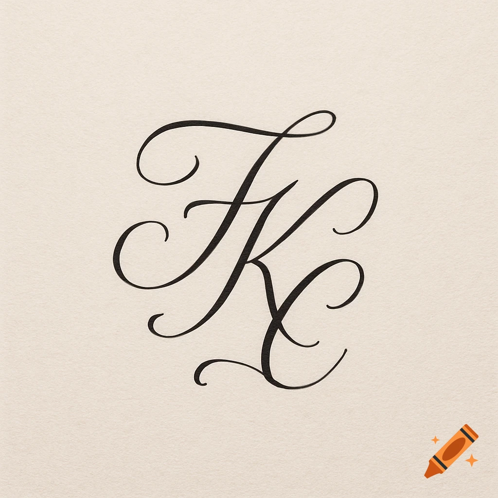 Elegant calligraphic monogram with intertwined letters F, K, and C on a textured beige background.