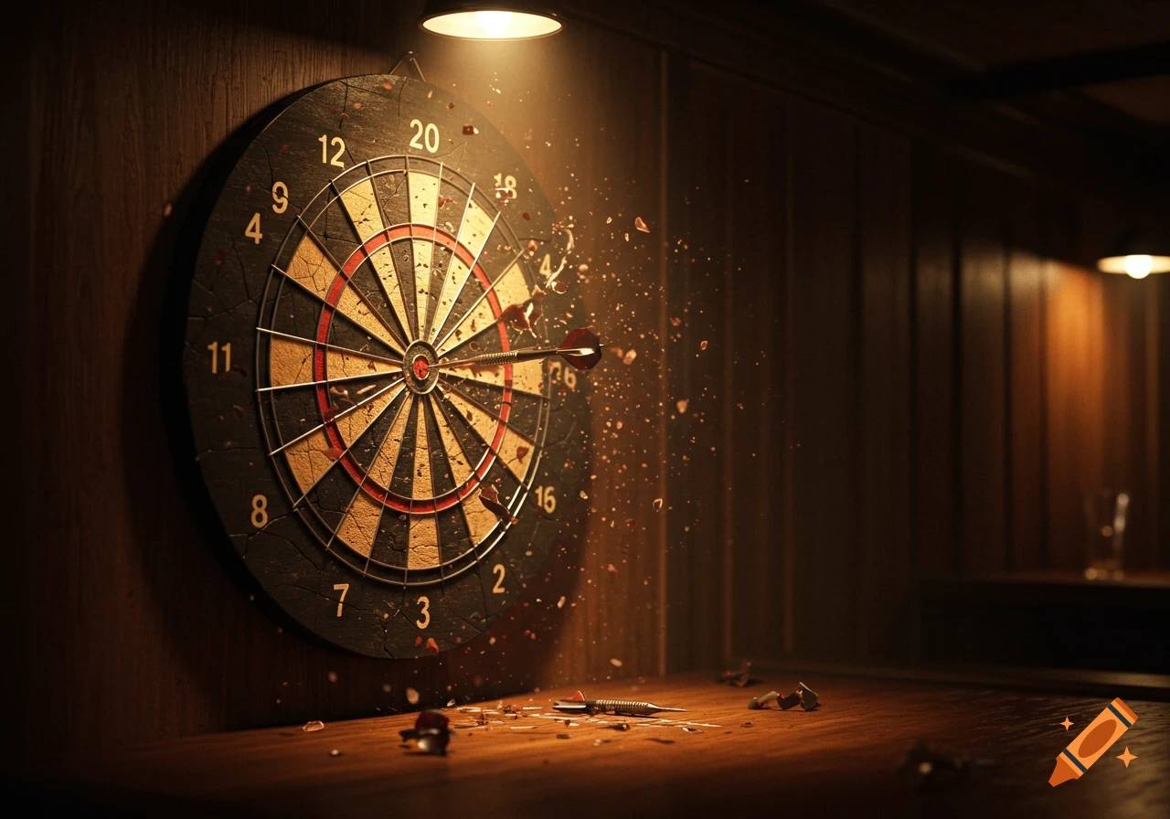 A dart hits a shattered dartboard in a dimly lit room, sending fragments flying. Other broken darts and pieces lie on a wooden table below.