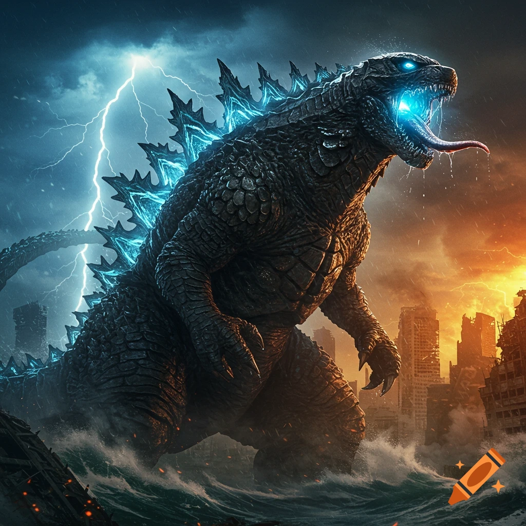 A monstrous, dark-skinned creature with glowing blue spines and eyes roars amidst a lightning storm over a destroyed city, standing in turbulent water.