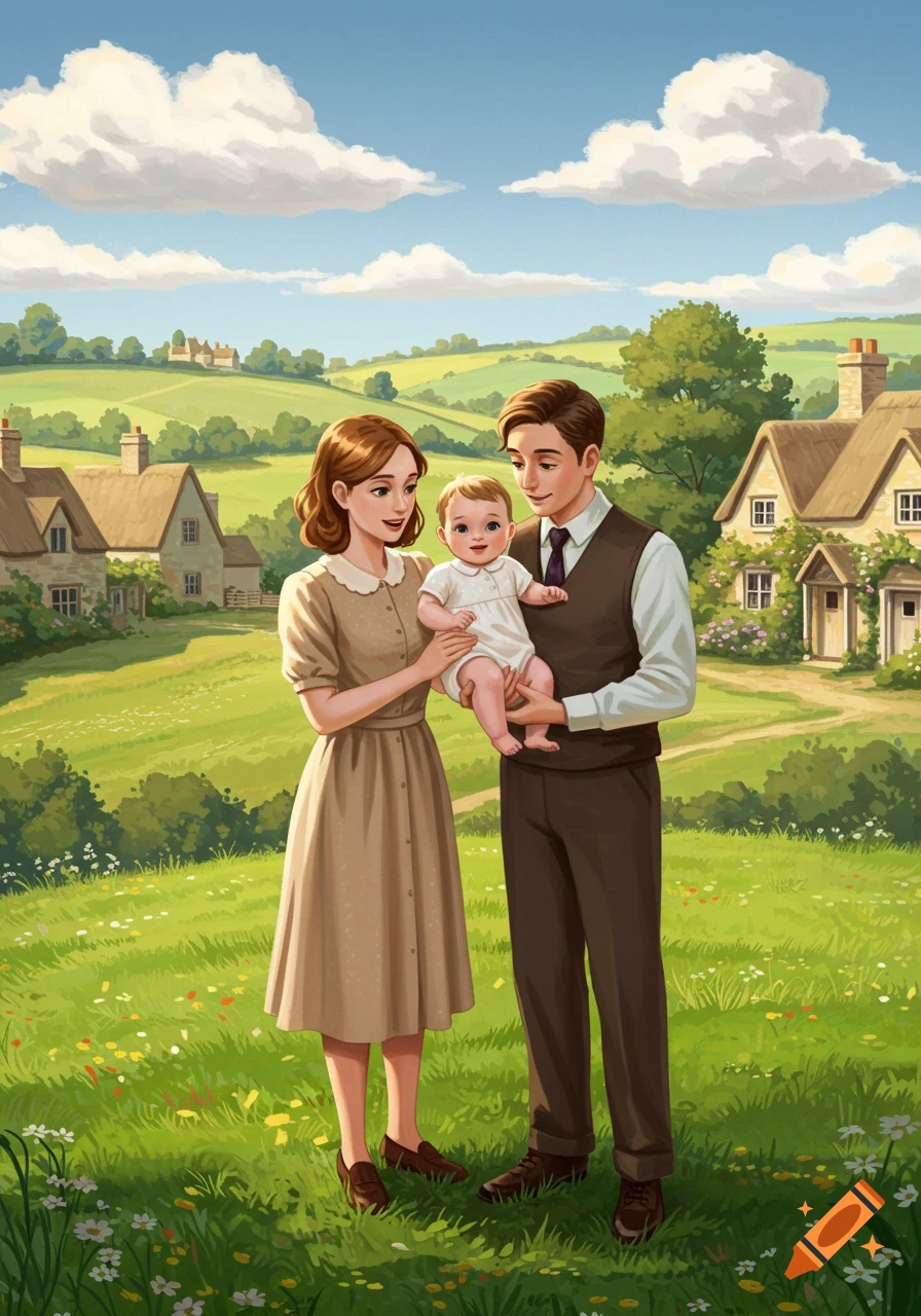 An illustration of a family, parents holding their baby, standing in a green field with cottages and rolling hills under a blue sky.