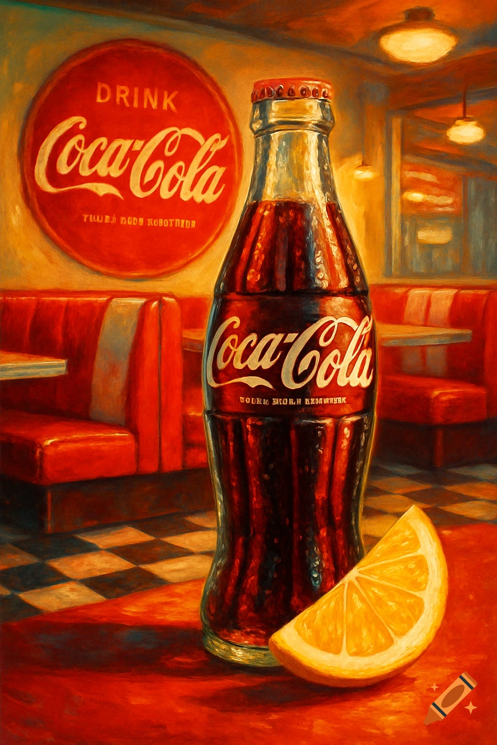 A painterly still life of a Coca-Cola bottle and a lemon wedge on a red surface, with a Coca-Cola sign in a retro diner background.