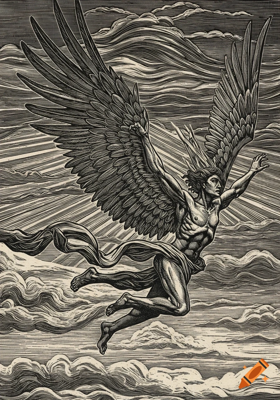 Black and white woodcut of a muscular winged man, Icarus, flying through a cloudy sky.