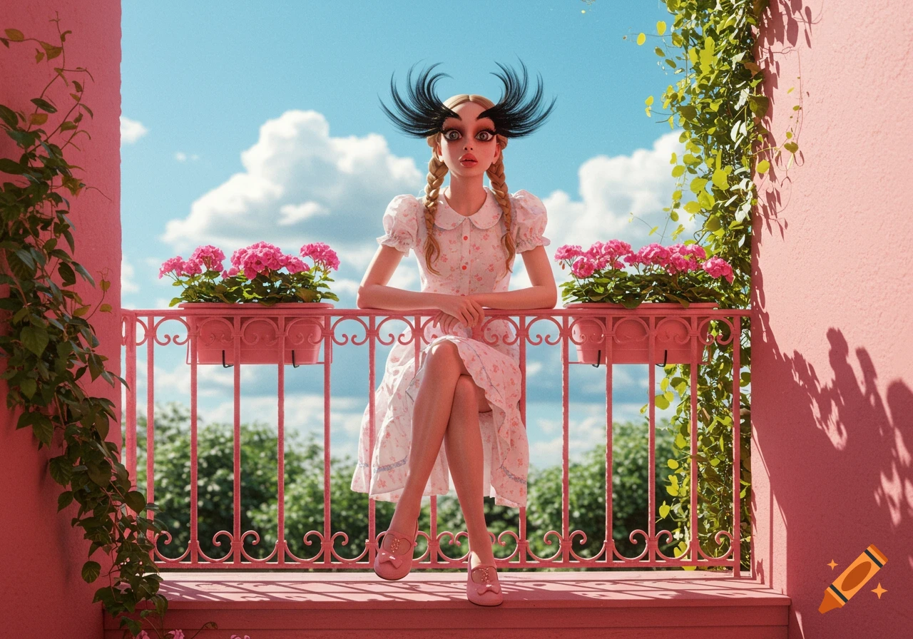 A stylized, doll-like person with long dark eyelashes and large eyes sits on a pink balcony, surrounded by pink flowers, under a blue sky.