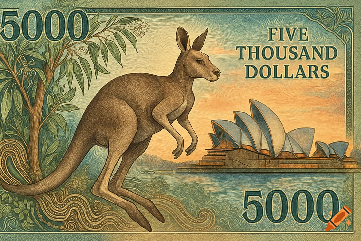 A stylized Australian 5000 dollar banknote featuring a kangaroo, eucalyptus tree, and the Sydney Opera House.