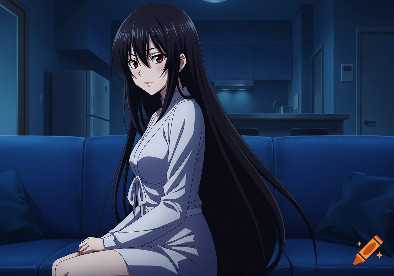 Anime woman with long black hair and red eyes in a white dress sits on an indigo couch in a dark blue apartment, gazing at the viewer.