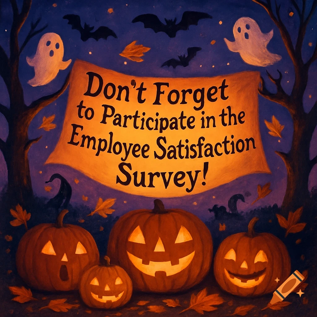 A festive Halloween illustration with glowing jack-o'-lanterns, ghosts, bats, and a banner for an employee survey.