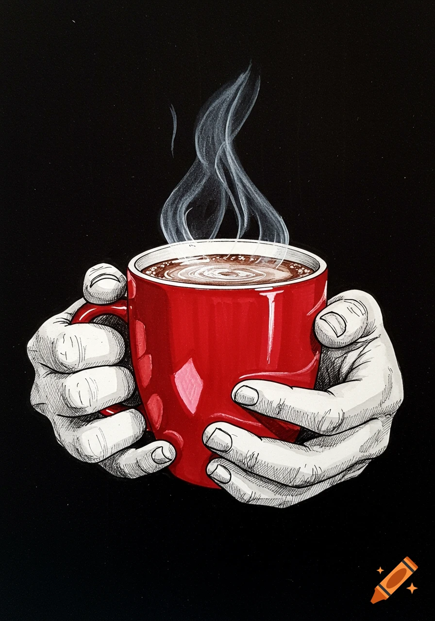 Black and white sketch of hands holding a steaming red mug of hot chocolate against a black background.