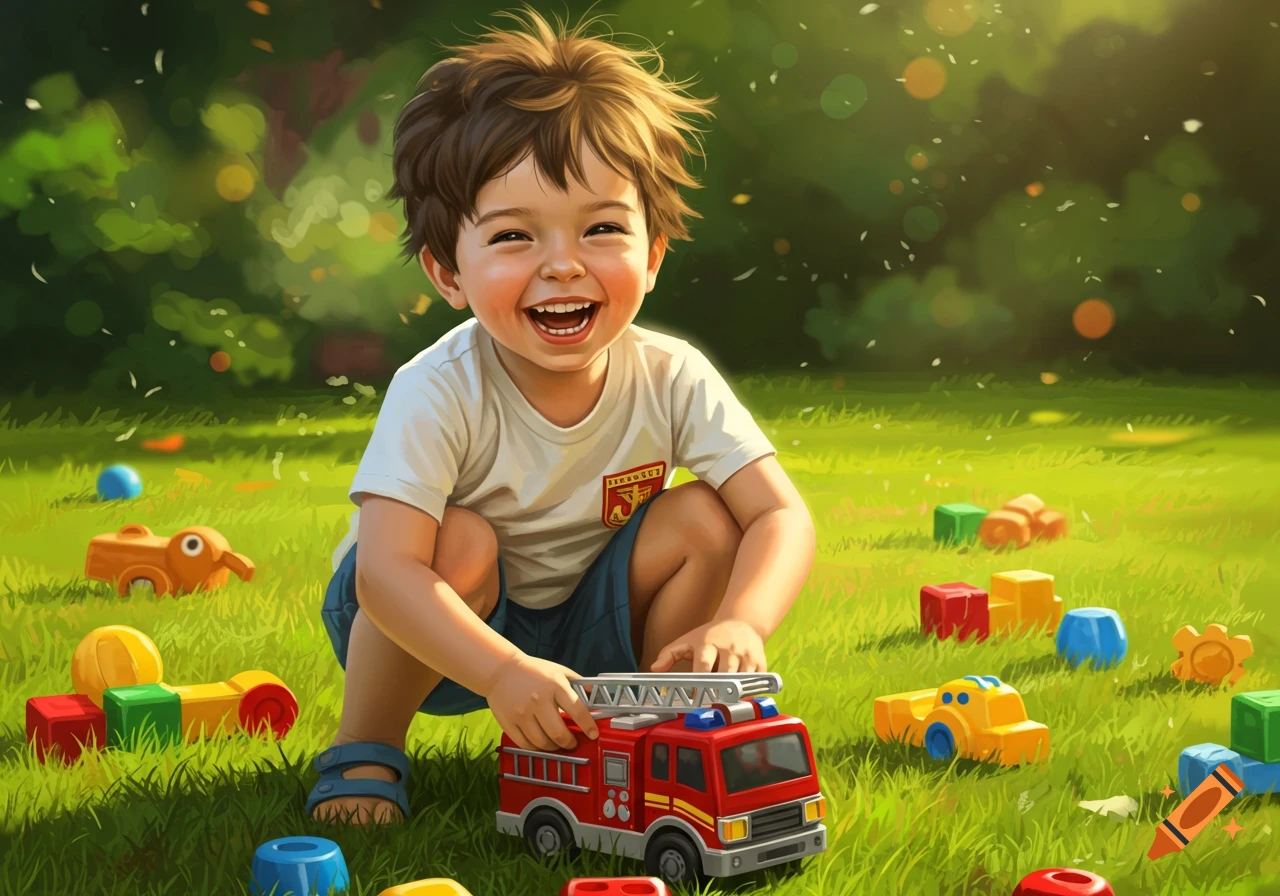 A happy little boy crouches in a sunny grassy field, laughing while playing with a red toy firetruck and other colorful toys.