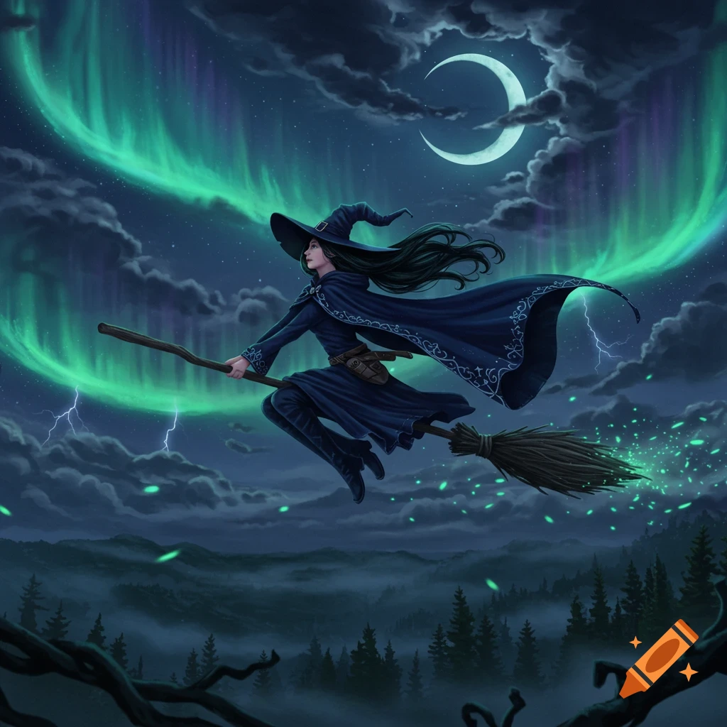 A witch on a broomstick flies across a night sky with a crescent moon and green aurora borealis, over a misty forest.