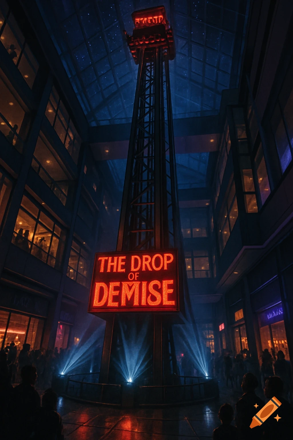 A tall free fall amusement ride named 'The Drop of Demise' inside a dark, multi-story shopping mall at night, illuminated by blue spotlights and red glow.