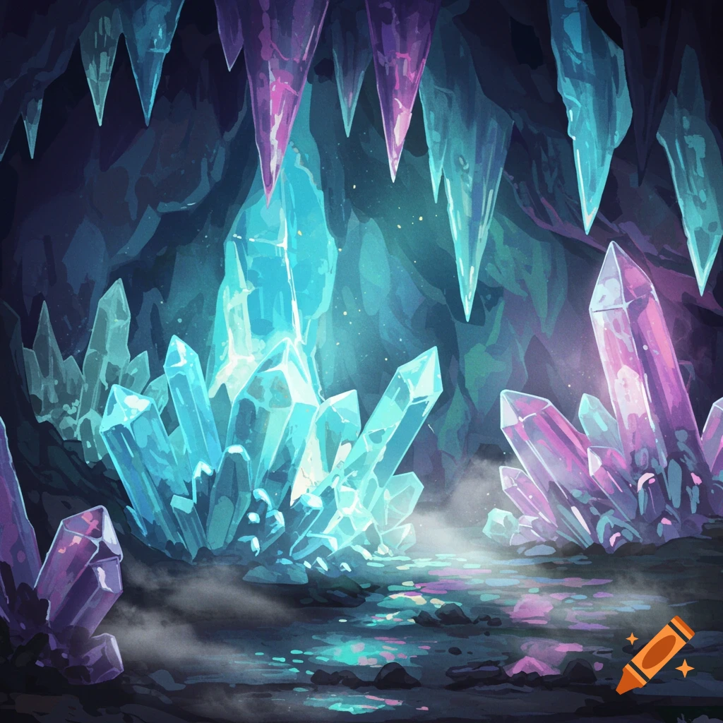 A vibrant, glowing crystal cave with blue and purple stalactites and large clusters of crystals reflecting light on the misty ground.