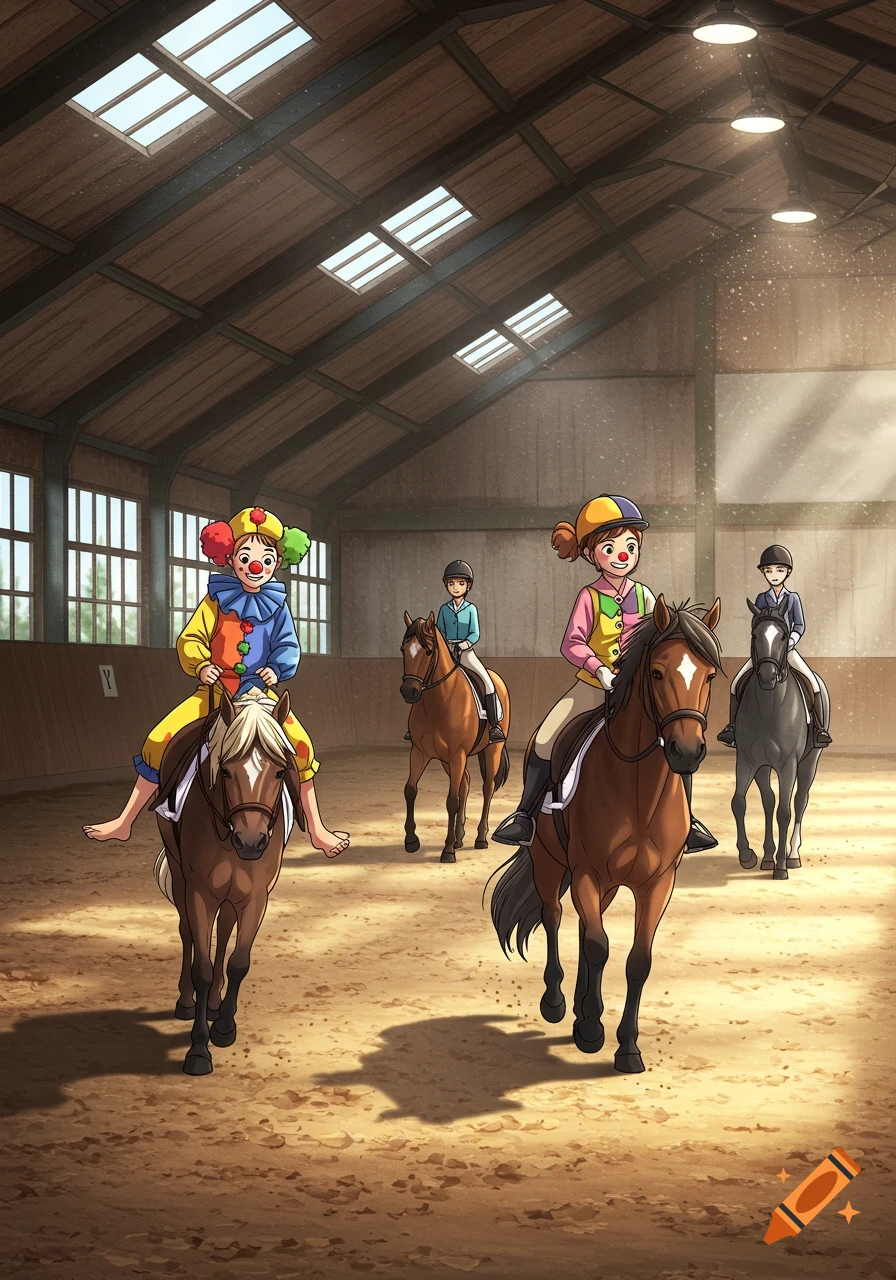 Four children ride horses in an indoor arena, two dressed as clowns riding bareback, and two in equestrian gear.