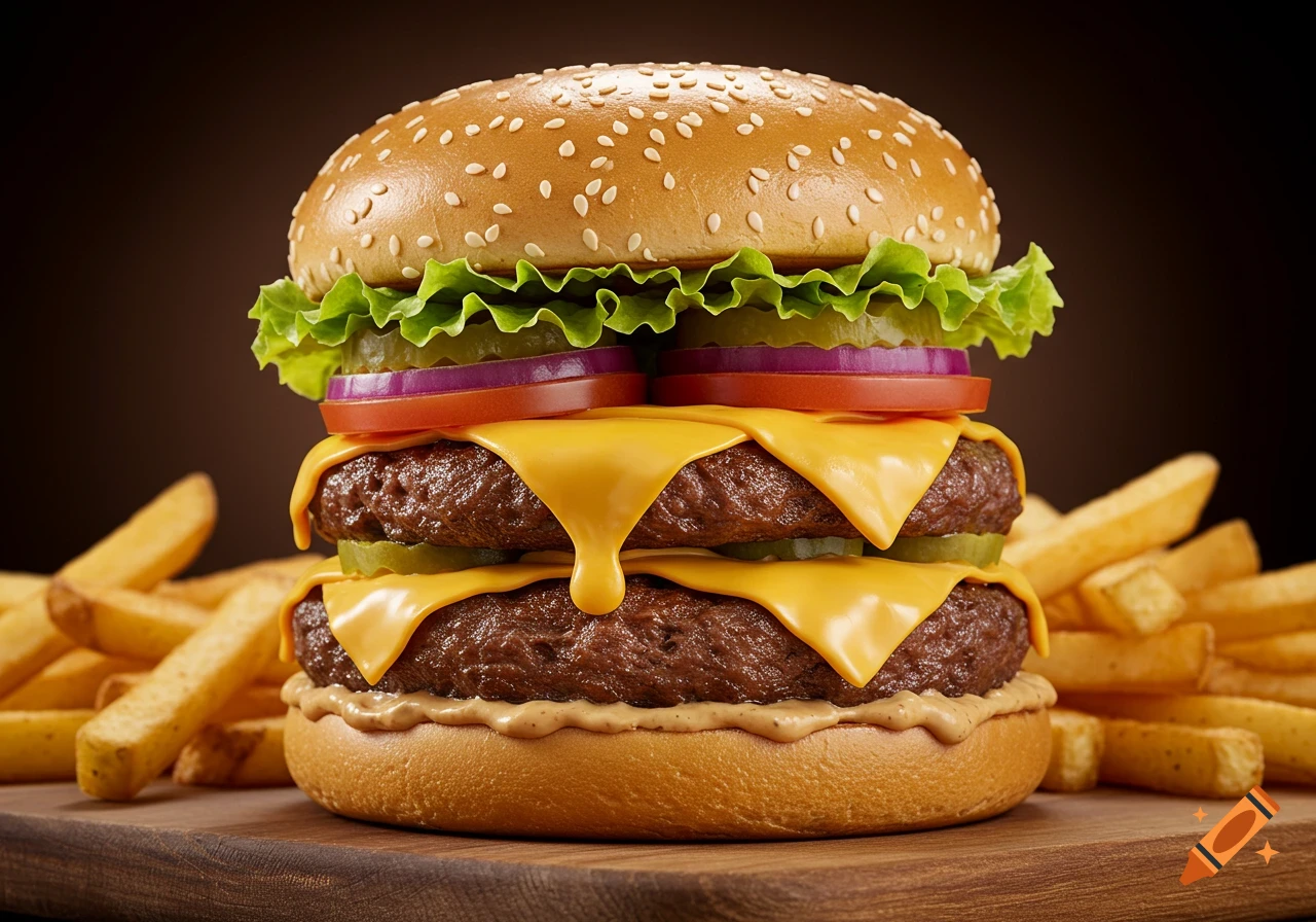 A delicious-looking double cheeseburger with melted cheese, lettuce, tomato, onion, and pickles, served with crispy fries on a wooden board.