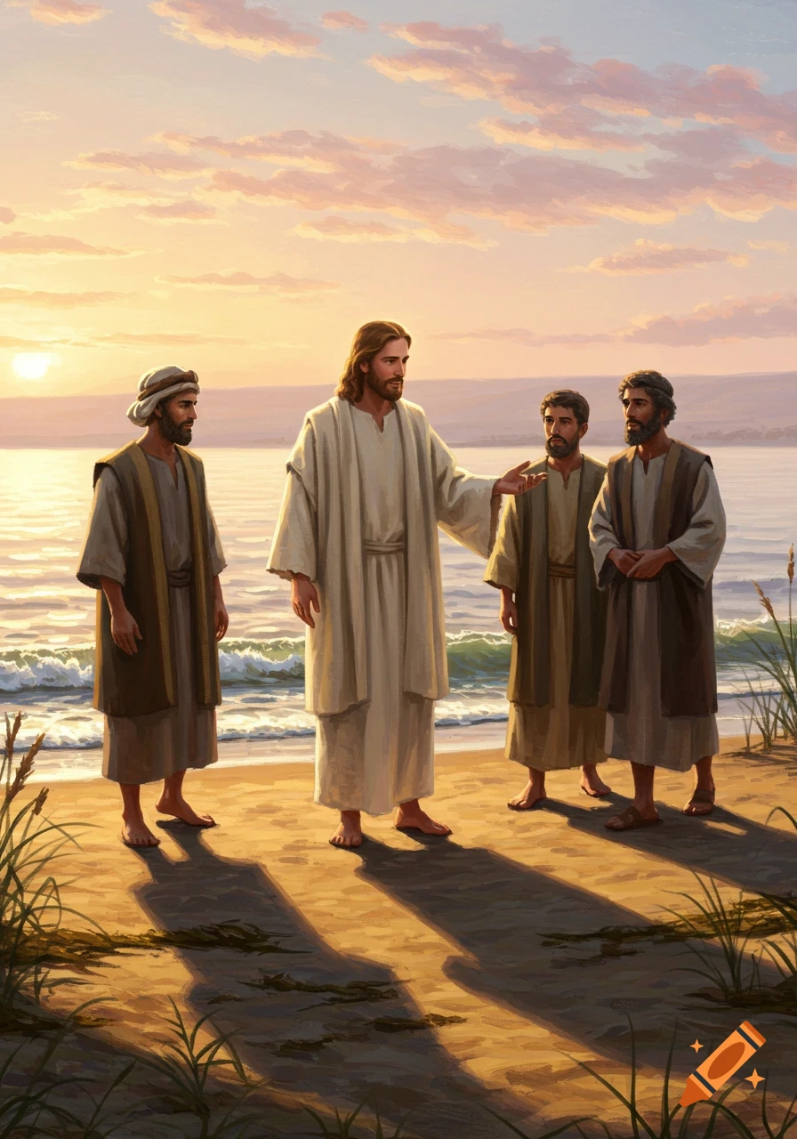 Jesus walks barefoot with three disciples on a sandy shore at sunset, with calm water and a colorful sky.