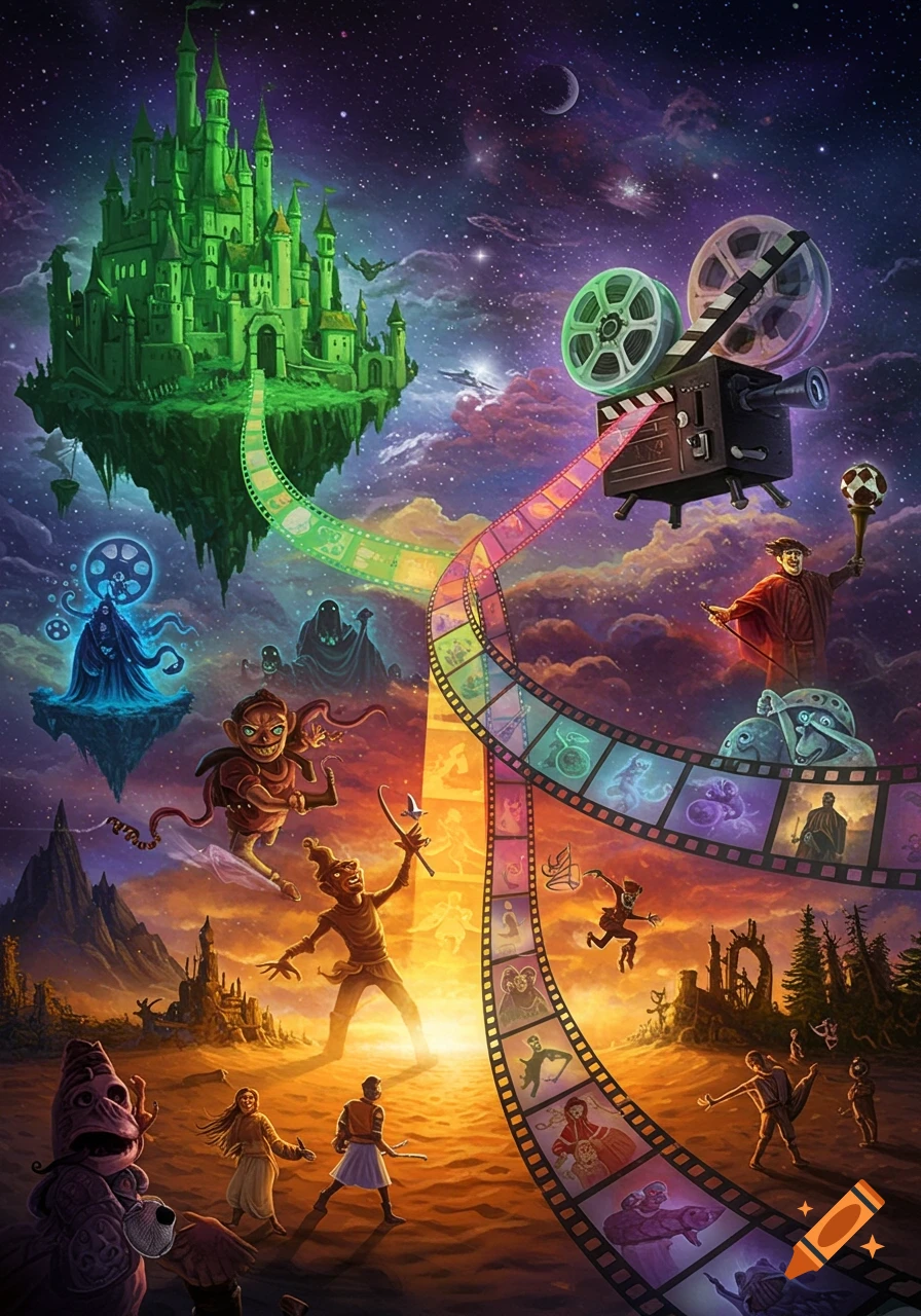 Vibrant fantasy illustration with a green floating castle, film projector, and film strip winding through a surreal land with mystical characters.