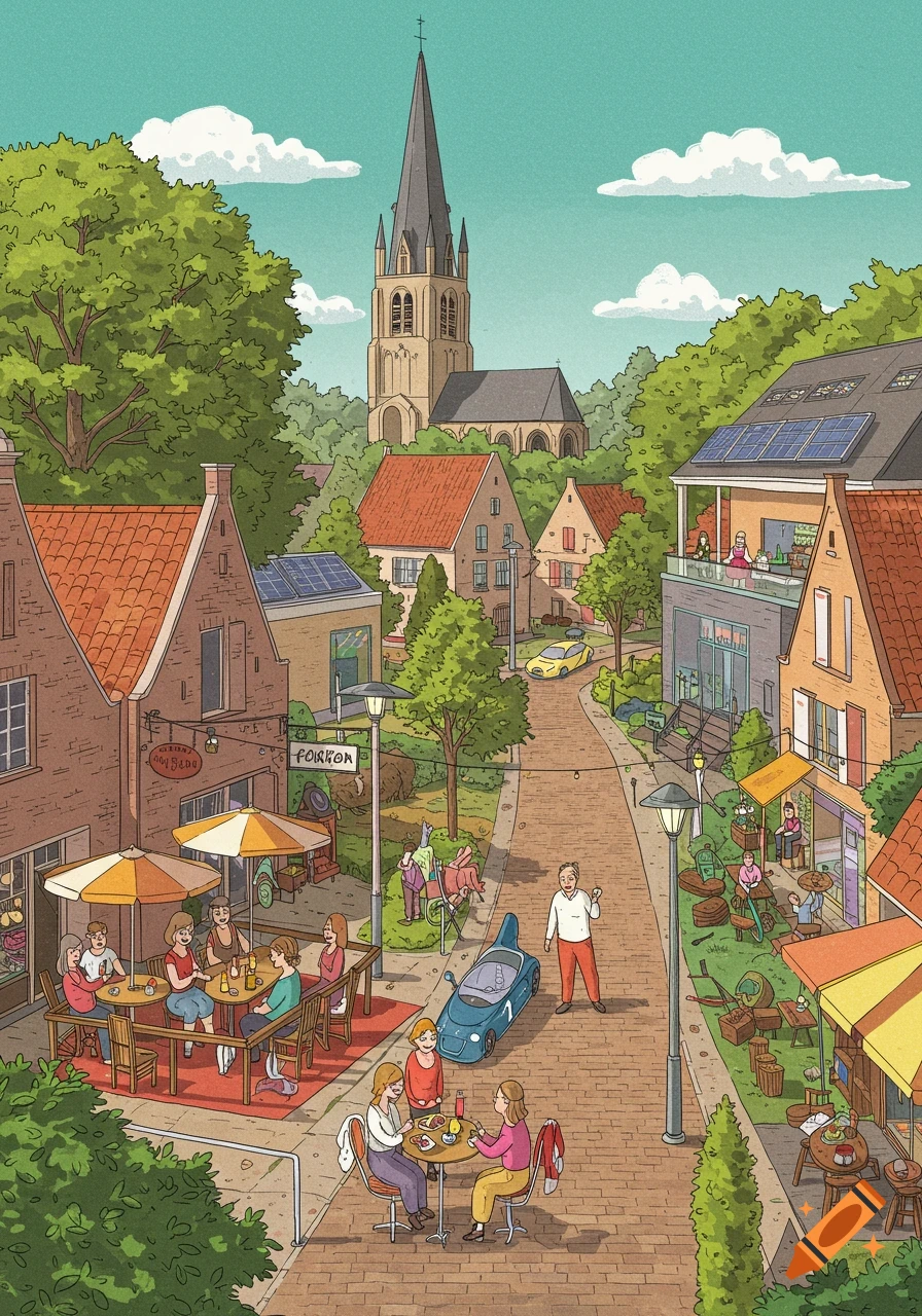 Colorful illustration of a bustling Dutch village street with people dining outdoors, solar panels, and a church steeple.