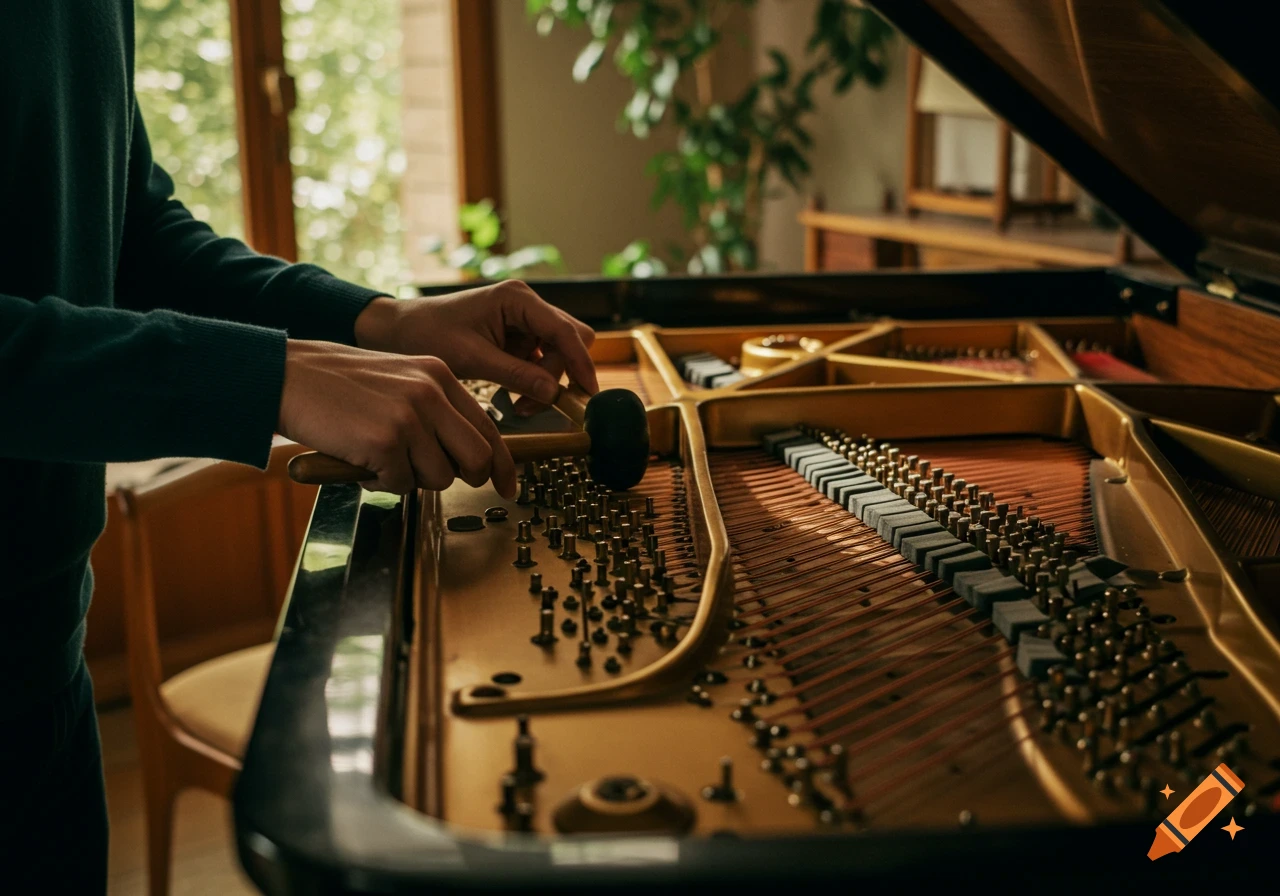 Close-up of a person's hands tuning a grand piano, showing the strings, hammers, and internal mechanisms with warm natural light.