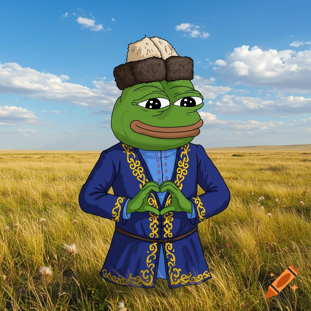 Pepe the Frog in traditional Kazakh attire making a heart shape with his hands in a golden field under a blue sky.