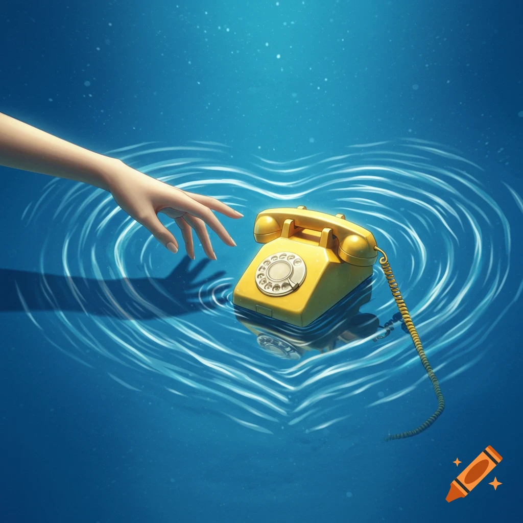 A hand reaches into blue water towards a yellow rotary telephone, surrounded by heart-shaped ripples.