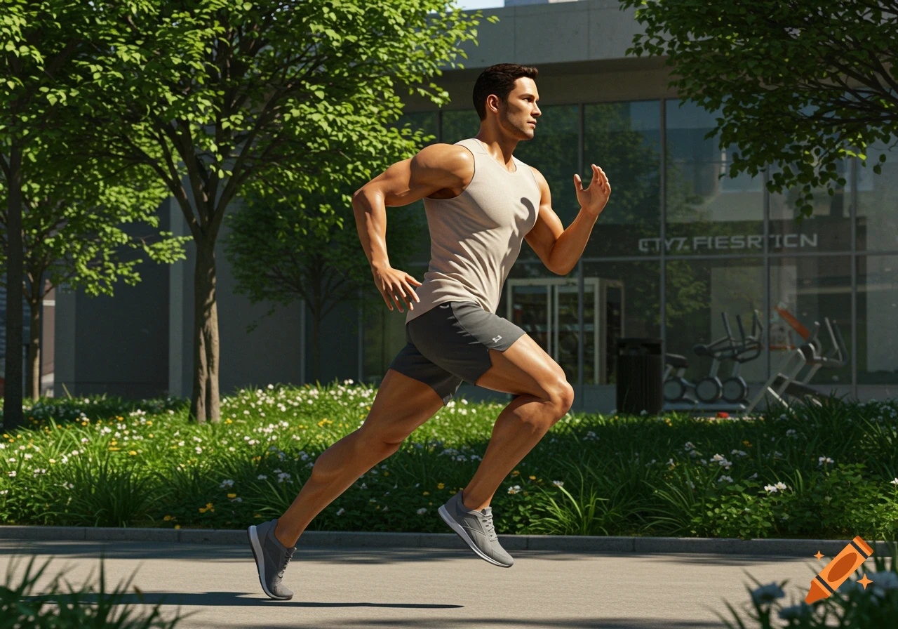 A muscular man jogs on a paved path outdoors, past green trees and a modern building, in a photorealistic style.