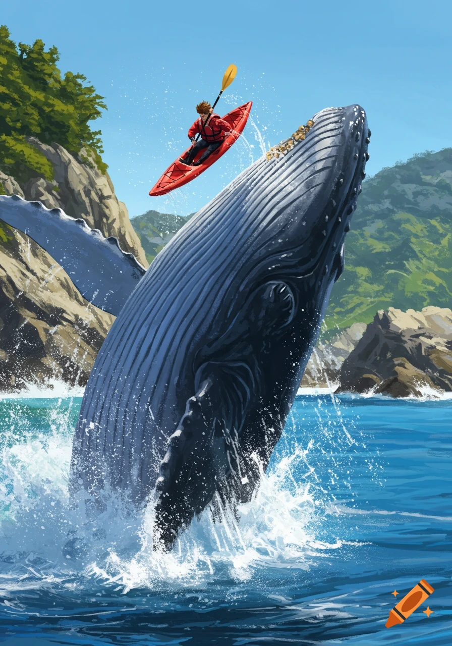 A thrilling illustration of a person in a red kayak airborne above a breaching humpback whale in a blue ocean with green cliffs.