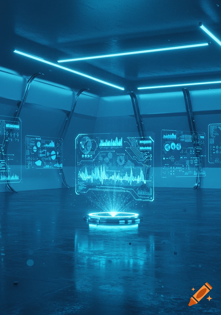 A futuristic blue room with multiple holographic data displays showing graphs and waveforms, and a central glowing platform on a reflective floor.