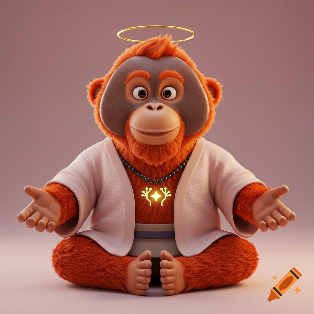 A 3D digital illustration of a wise, orange orangutan mascot with a halo, wearing a white kimono, sitting cross-legged with open hands.