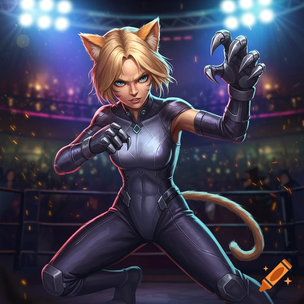 Anime cat girl fighter with blonde hair, blue eyes, and claws, wearing a dark bodysuit, posing in a brightly lit boxing ring.