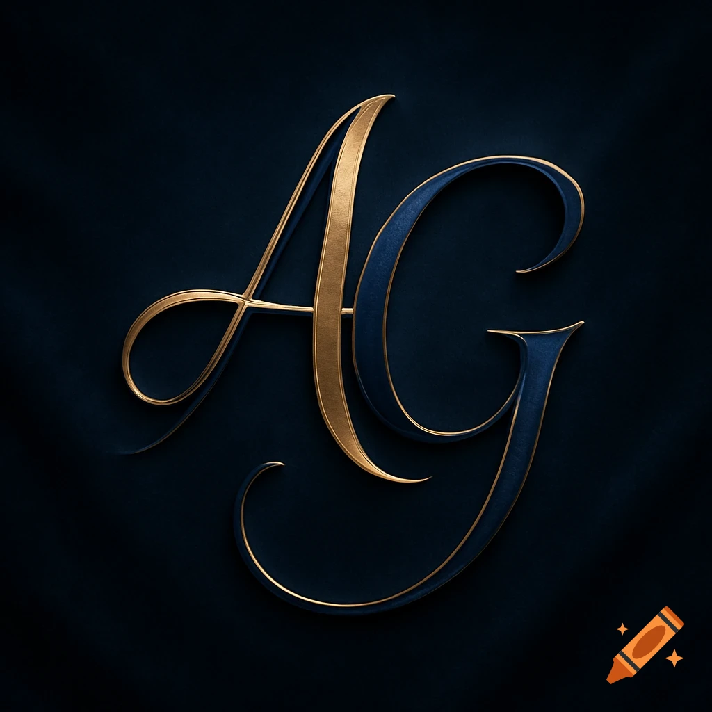 Elegant gold and navy blue intertwined letters A and G with a luxurious embossed effect on a dark background.