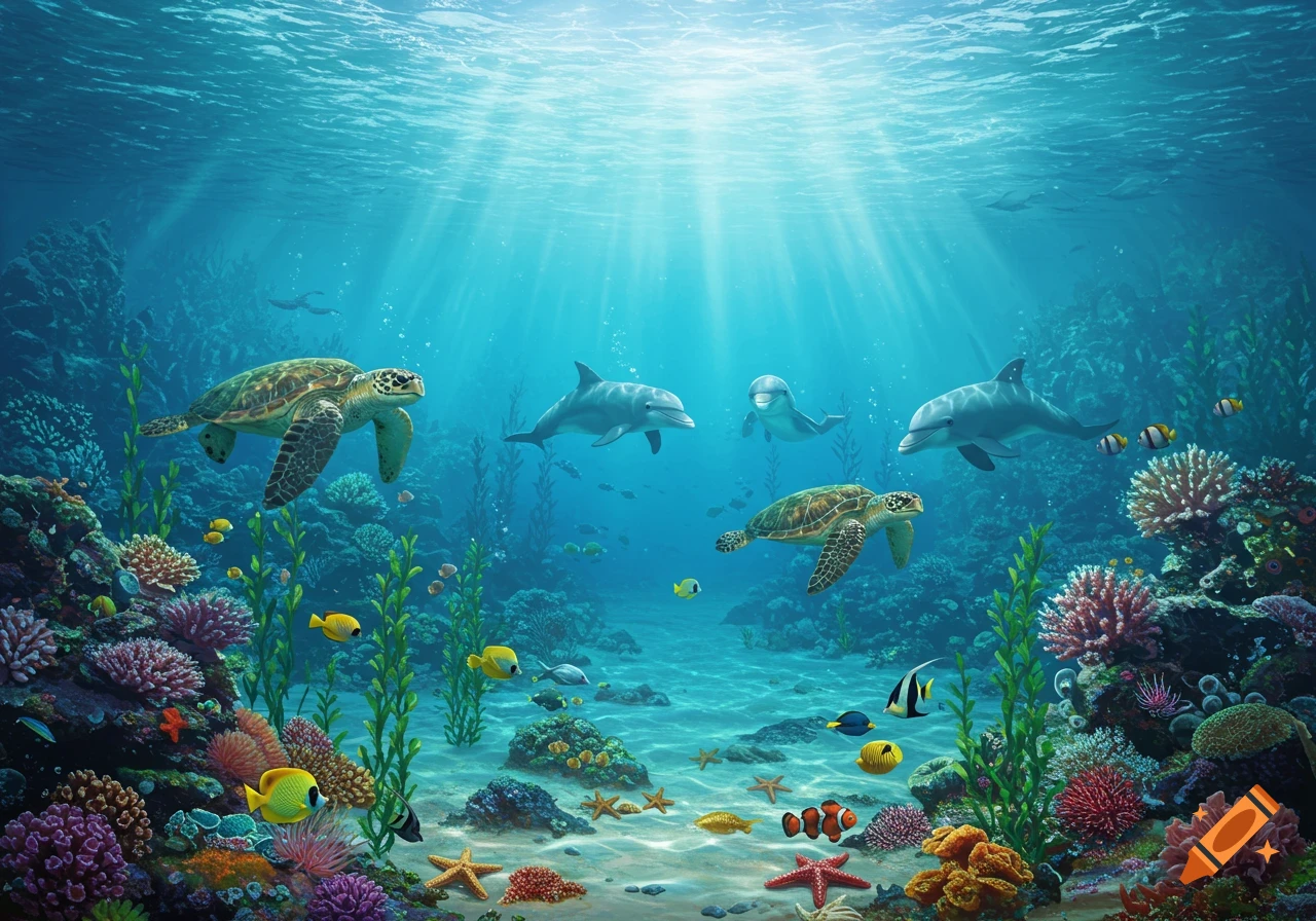 A vibrant underwater scene with two sea turtles, three dolphins, and various colorful fish swimming among bright coral reefs and lush seaweed, with sunbeams piercing the water from above.