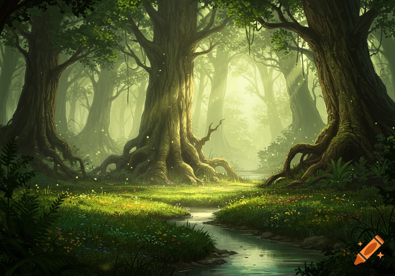 A vibrant fantasy forest with ancient trees, a winding stream, glowing ...