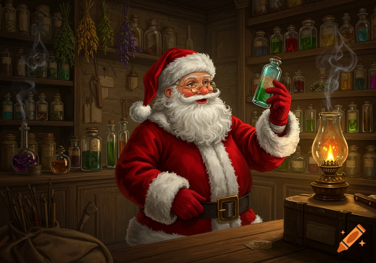Santa Claus in a cozy potion shop, holding up a glowing green vial, surrounded by shelves of bottles and herbs.
