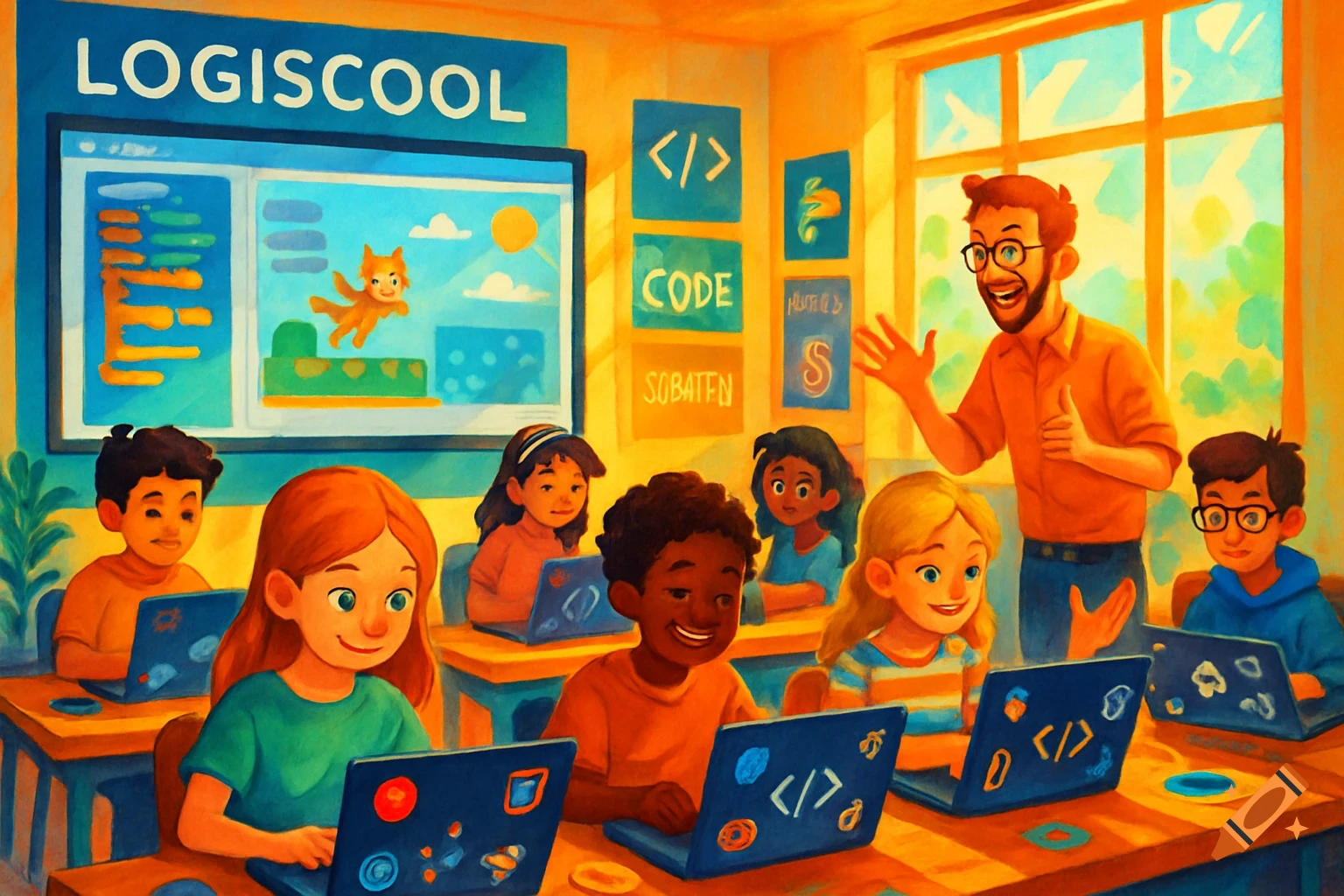 A brightly colored watercolor illustration of a teacher guiding diverse children at laptops in a "Logischool" classroom.