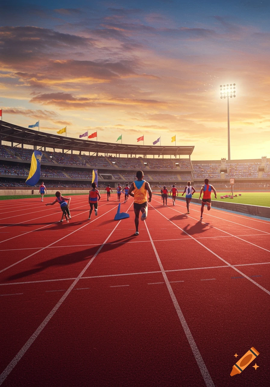 Runners on a red track in a stadium at sunset with a vivid orange and blue sky.