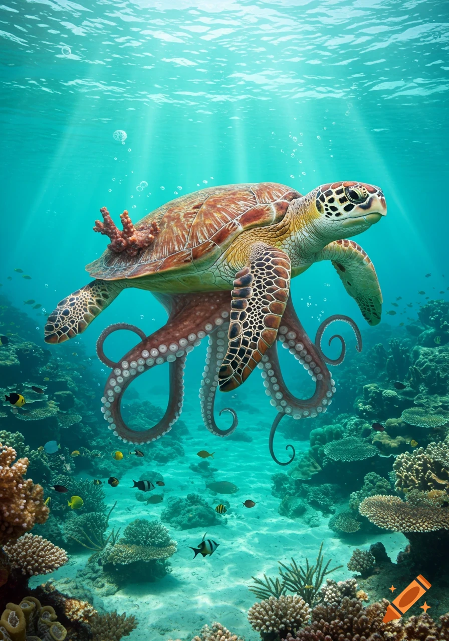 A fantastical creature, a combination of a sea turtle and an octopus, swims through a vibrant coral reef with sun rays.