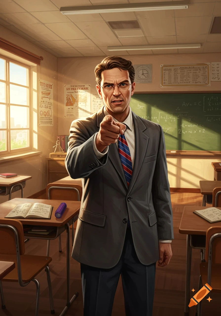 A serious male teacher in a suit and tie points directly forward in a sunlit classroom, in a stylized art style.