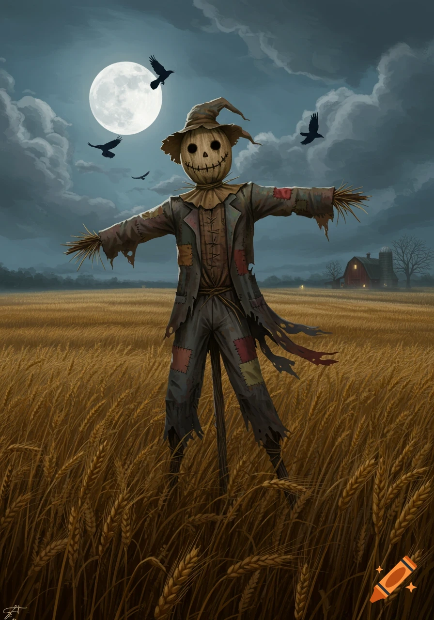 A spooky scarecrow stands in a moonlit wheat field with flying crows, a barn visible in the distance.