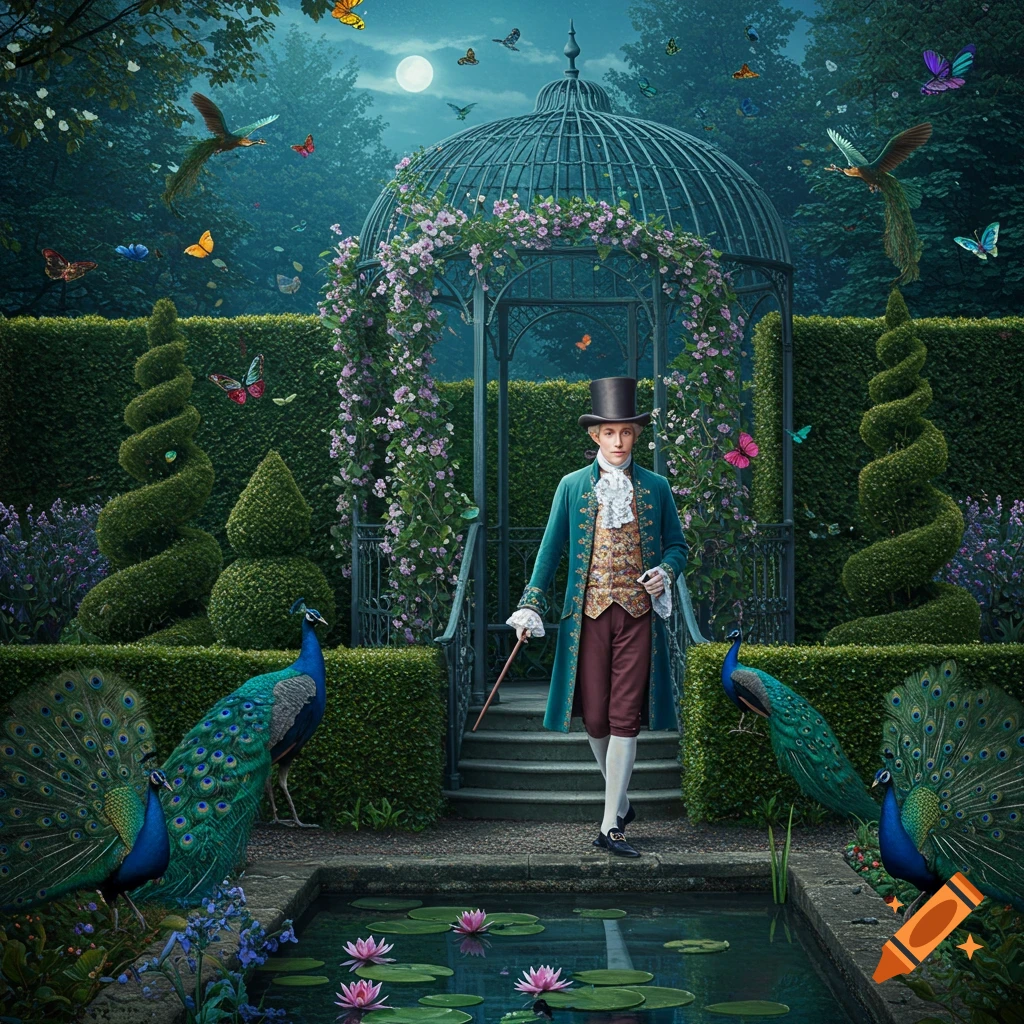 A dapper man in a teal dandy costume and top hat stands in a moonlit fantasy garden with peacocks, butterflies, a gazebo, and lily pad pond.