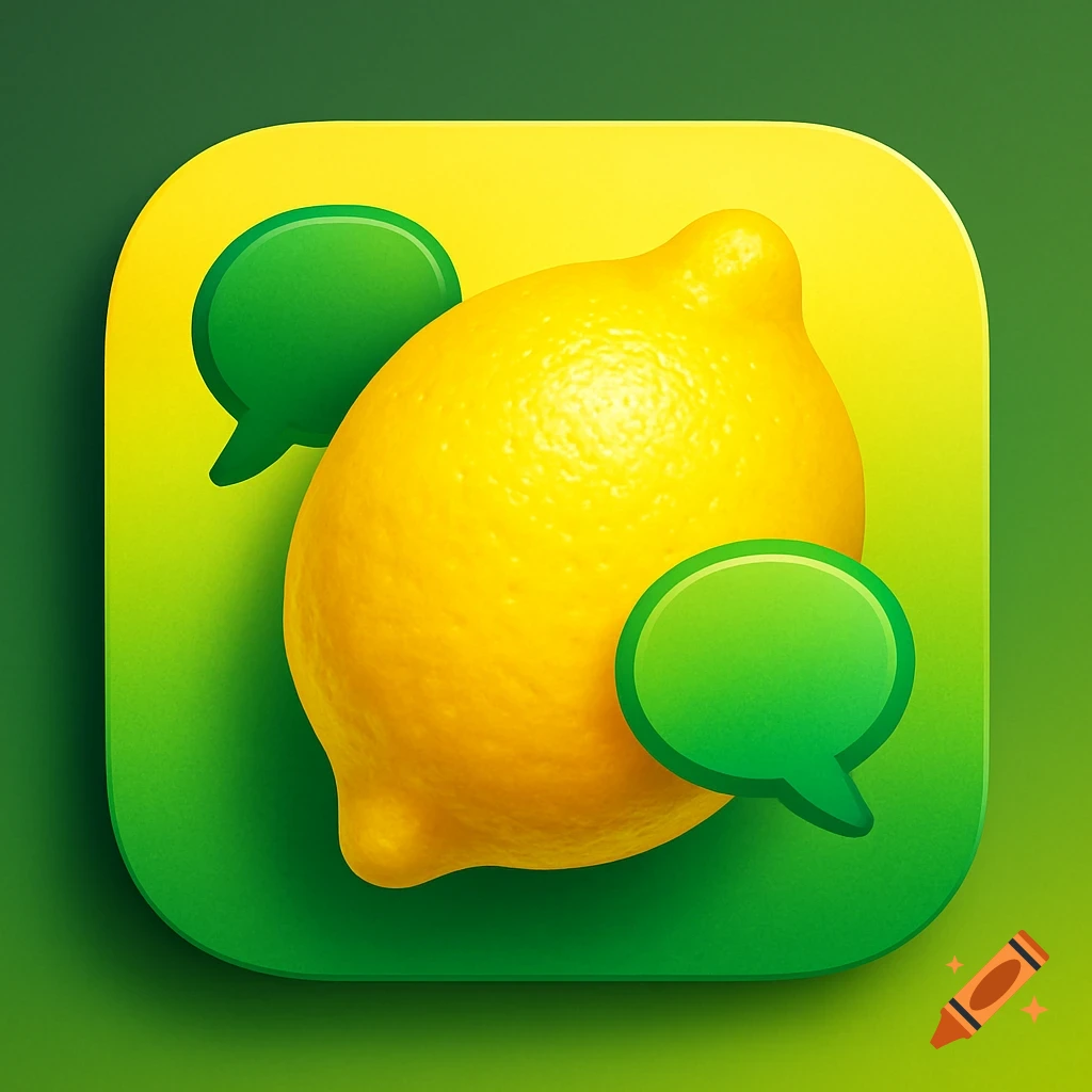 A vibrant app icon featuring a lemon in the center, flanked by two green chat bubbles, against a yellow and green gradient background.