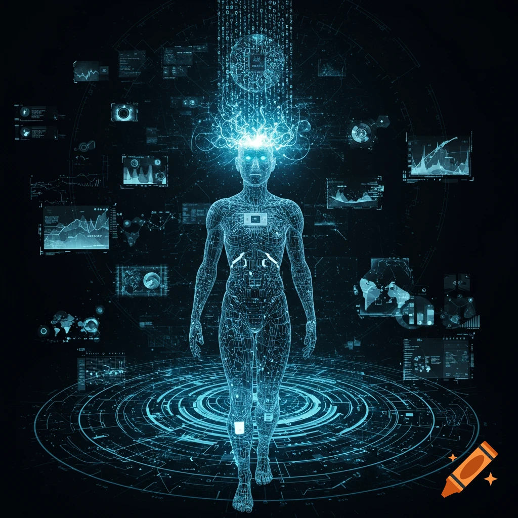 A glowing blue wireframe human figure stands surrounded by holographic data screens and binary code raining down from above, suggesting AI learning.