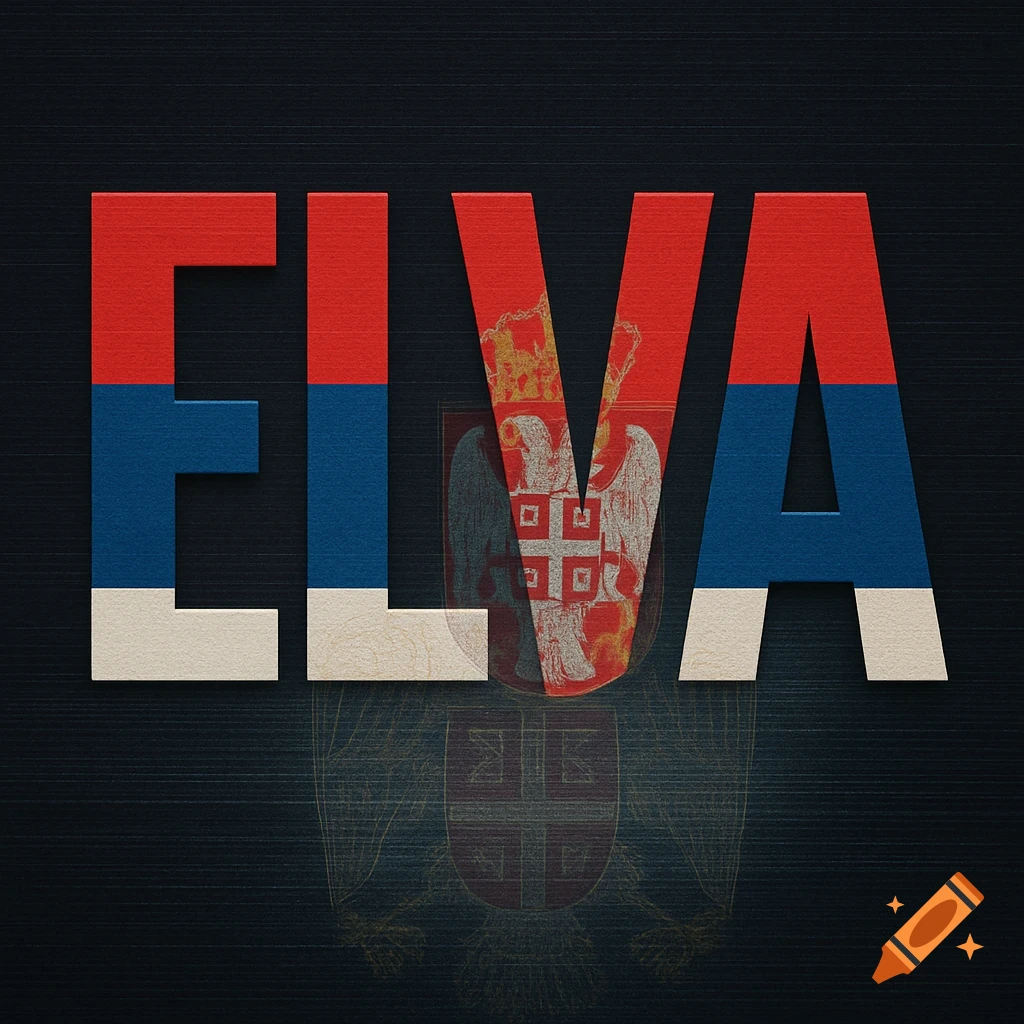The word ELVA rendered in the colors of the Serbian flag, with a faint Serbian coat of arms in the background.