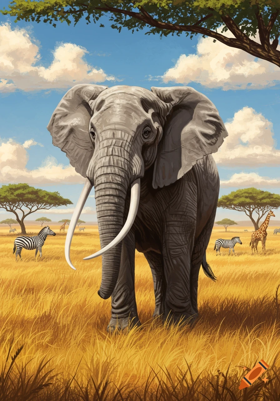 An elephant with large tusks stands in a grassy African savanna with zebras and a giraffe in the background under a blue sky.
