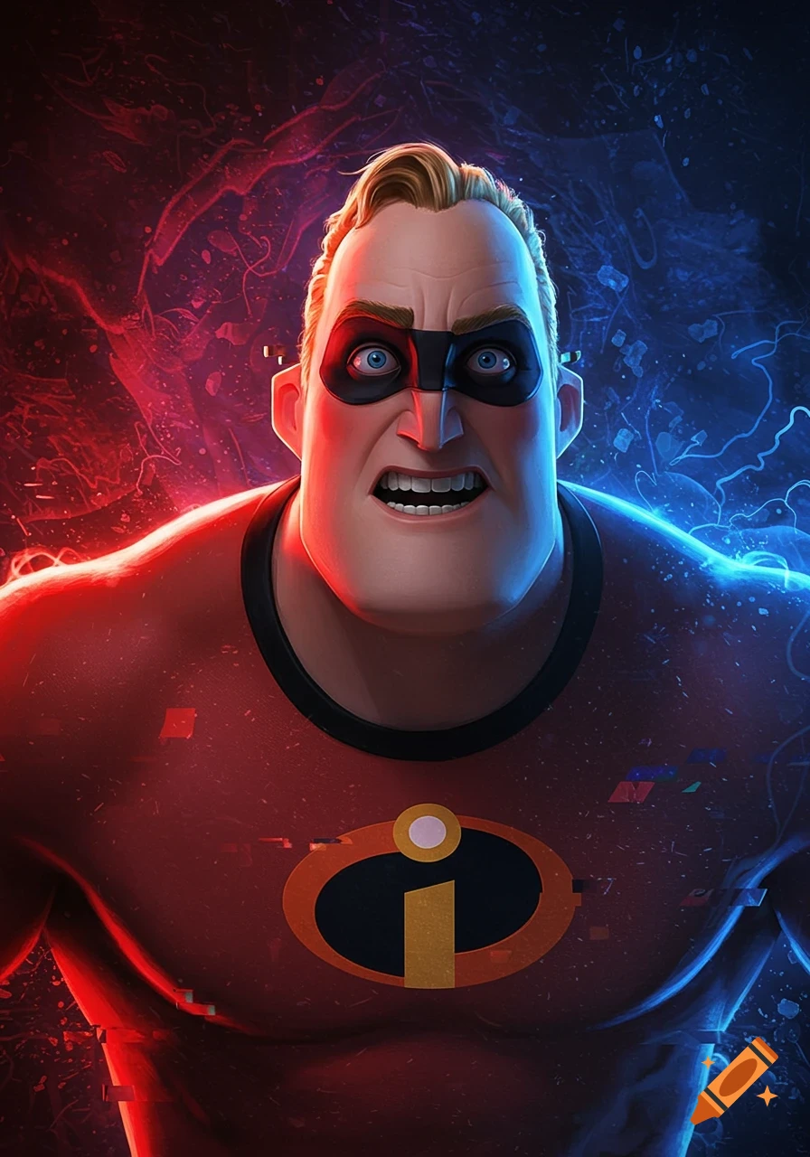 Mr. Incredible looks distressed, wearing his red and black suit with the 'i' logo, against a background of glitching red and blue energy.
