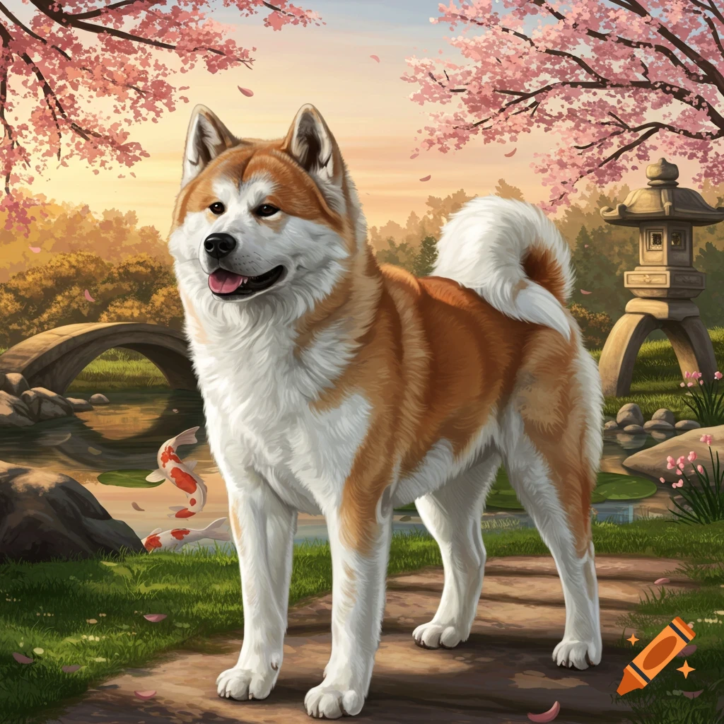 An Akita dog stands in a vibrant Japanese garden with cherry blossoms, a stone bridge, and koi fish, digital art.